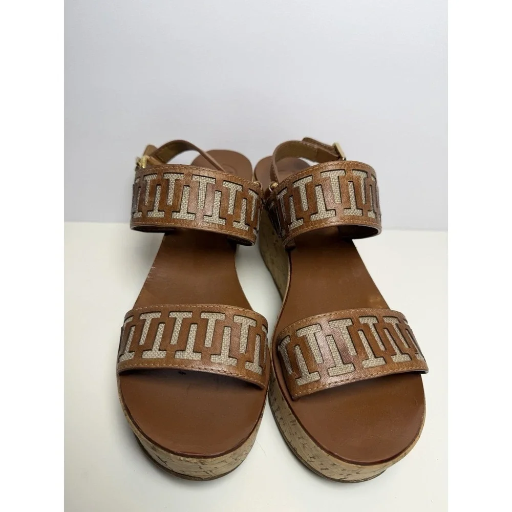 Tory Burch Regan Cork Wedge T Logo Brown Leather Sandal's Women's Size 9.5